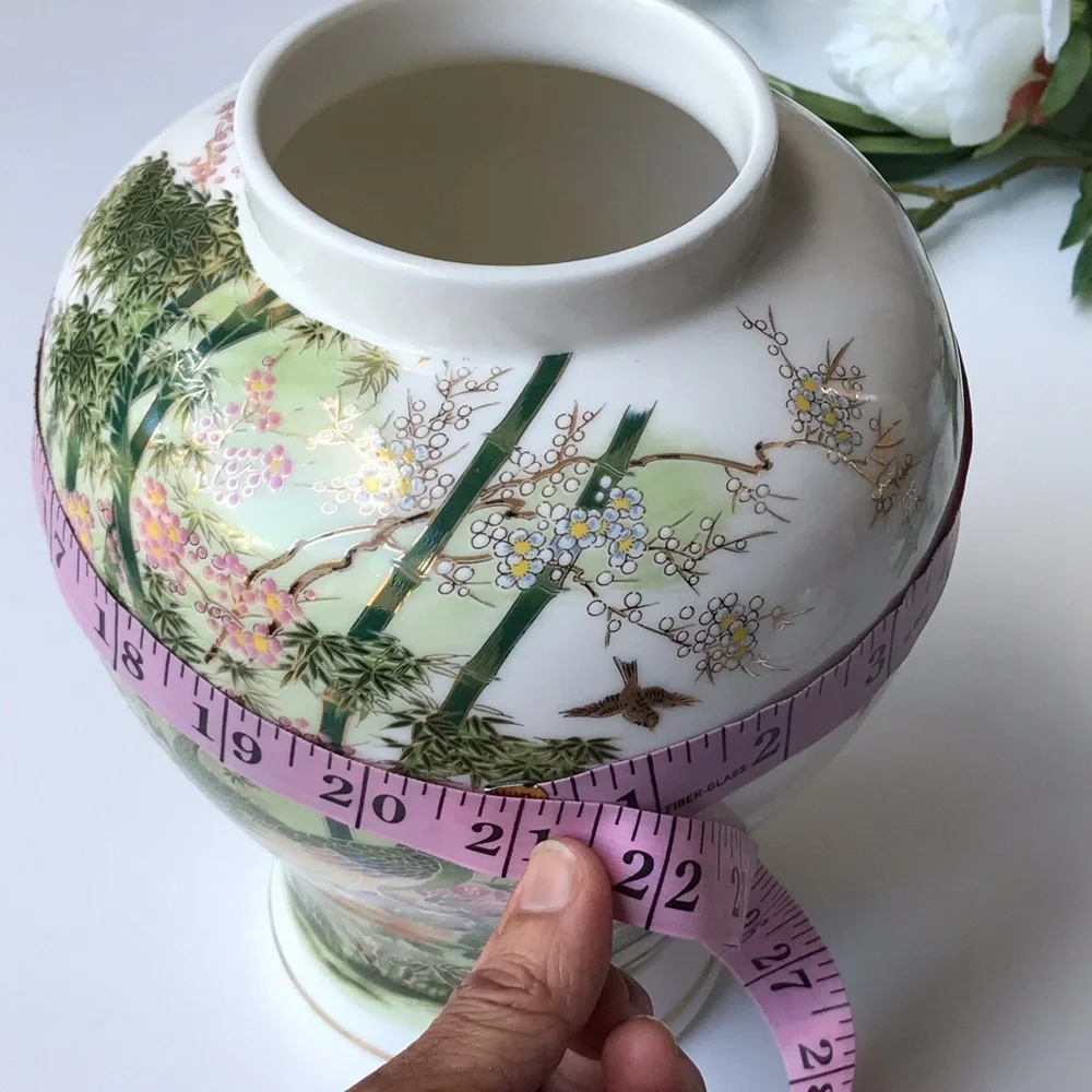 Vintage Otigiri OMC Japan Ceramic Floral Peacock Bird Ginger Jar